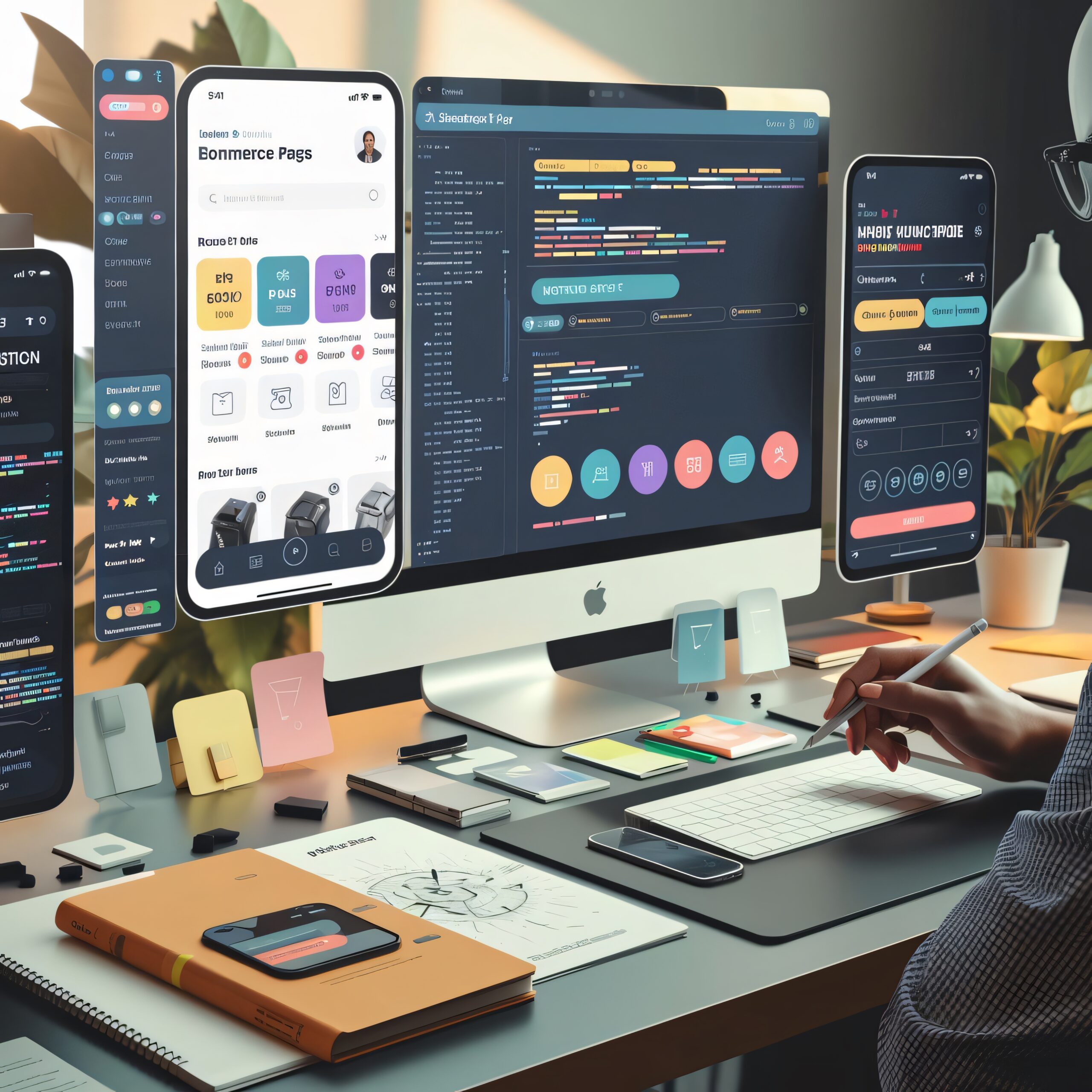 Developer Creating E-Commerce Mobile App with Code and Design on Multi-Screens