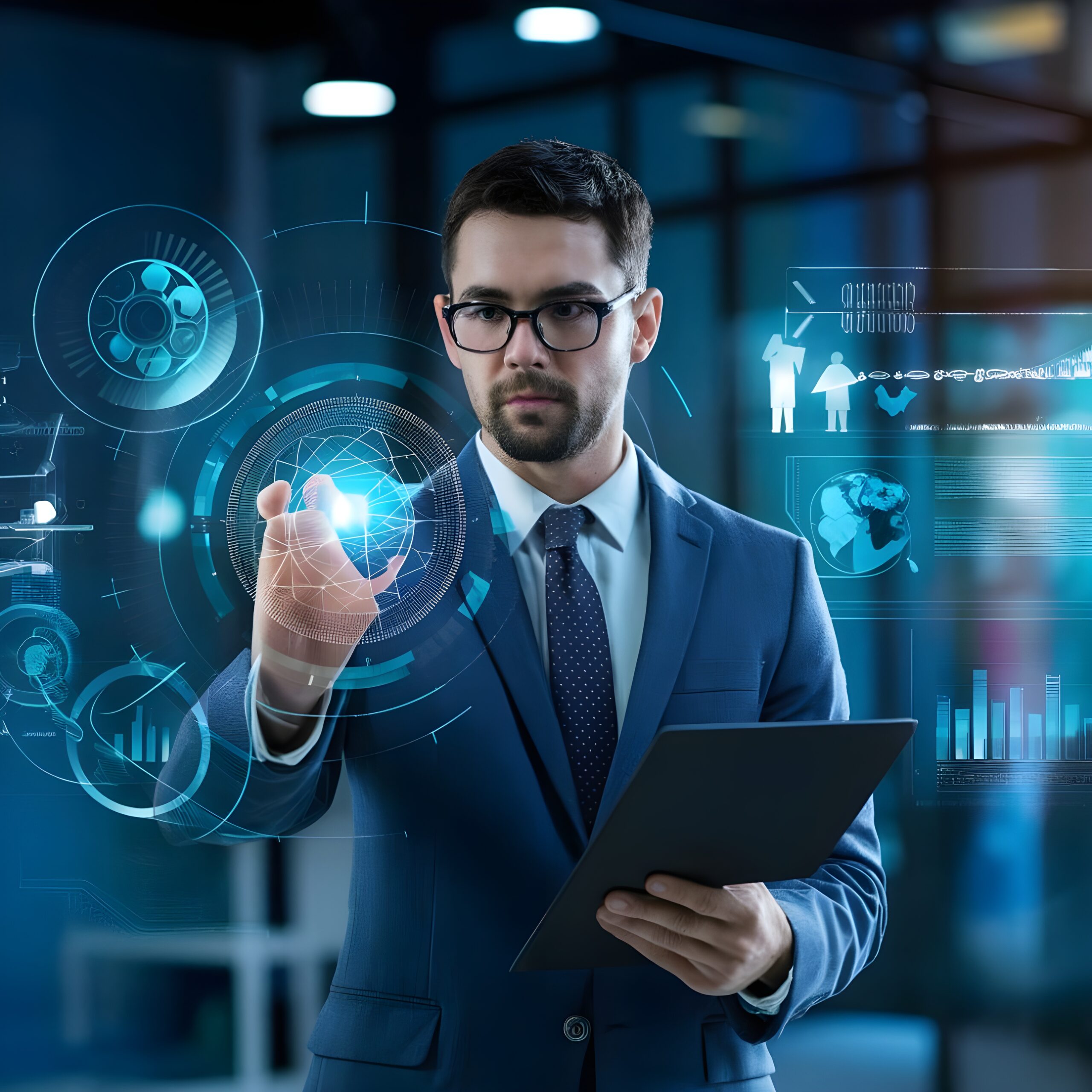 man-suit-is-holding-tablet-with-blue-background-with-many-icons-it